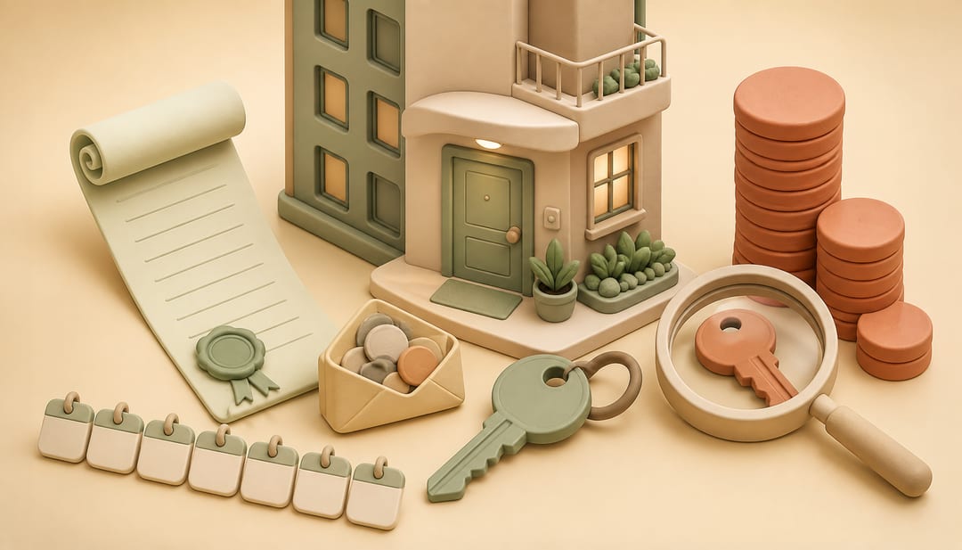 Clay condo scene with a sealed lease, seven blank calendar tiles, a returned-deposit envelope and a magnifying glass comparing a second key with higher rent tokens
