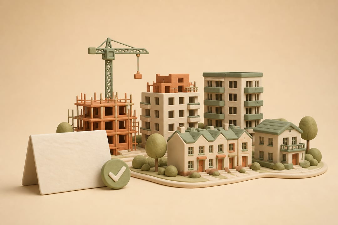 Soft 3D clay illustration of apartment and row-home blocks at different construction stages beside a small crane and a blank data card