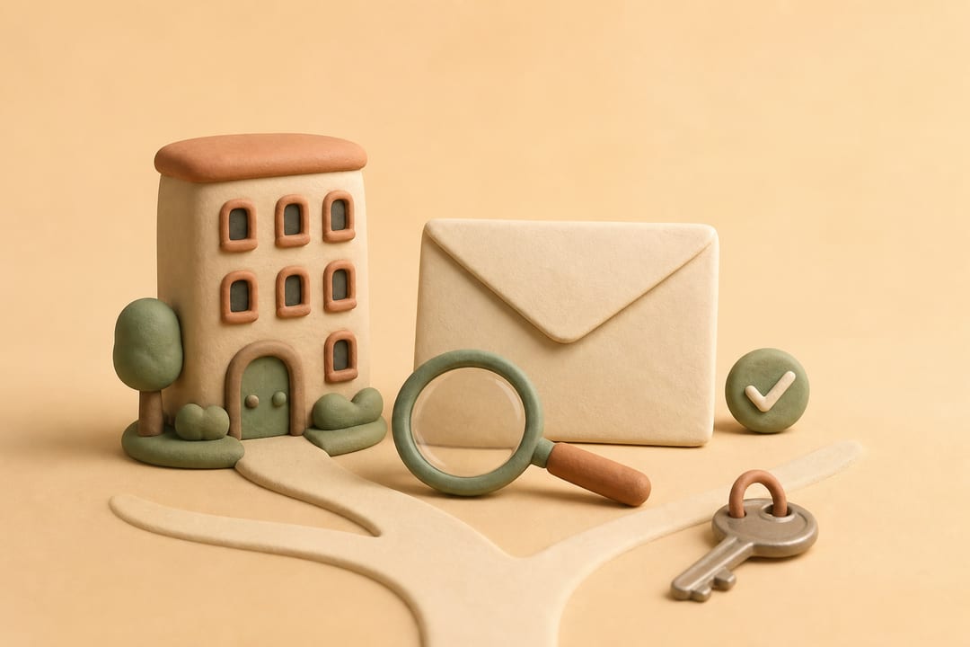 Soft 3D clay illustration of an apartment building, a blank renewal envelope, magnifying glass, key, and branching path