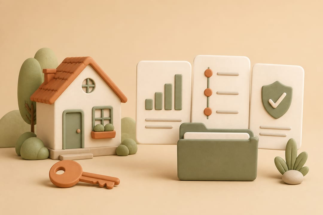 Soft clay illustration of a home, key, folder and blank application document symbols