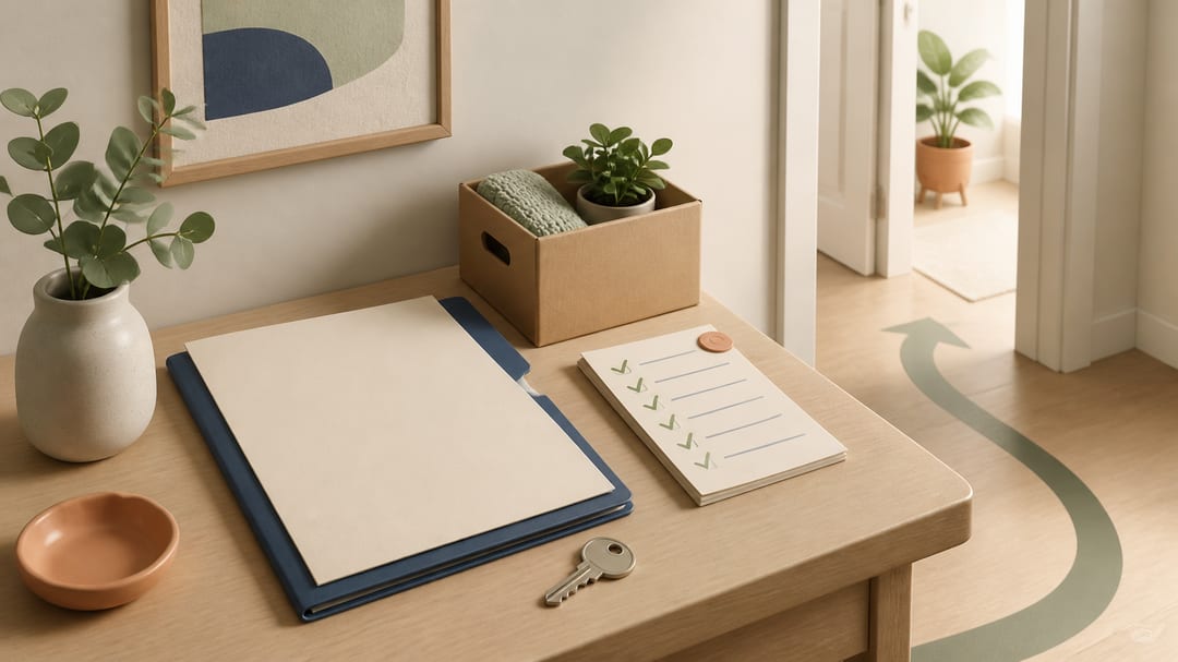 Soft 3D illustration of a blank lease folder, an apartment key, an abstract checklist, a moving box, and an open doorway